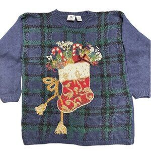 Vintage 90s Blue Plaid Ugly‎ Christmas Sweater Embroidered Stocking Stuffer